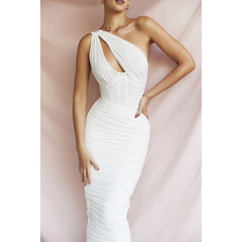 HOUSE OF CB Valentina Asymmetric Cutout One-Shoulder Midi Dress in Ivory XS NWT